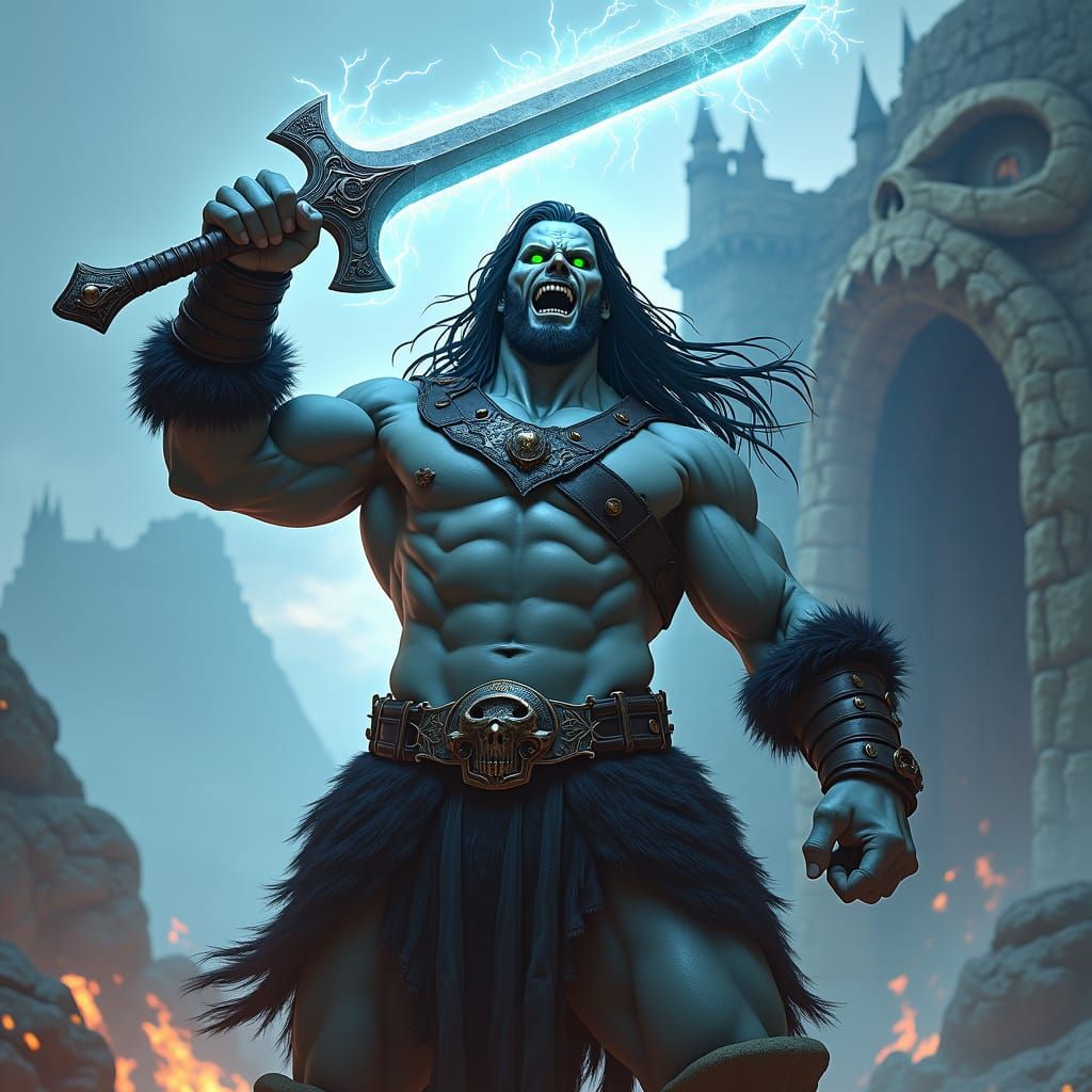 Muscular Barbarian Raises Sword in Anime Art Style