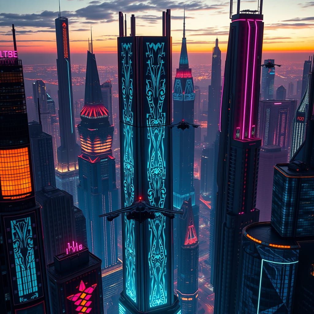 Futuristic Cyberpunk Cityscape at Dusk