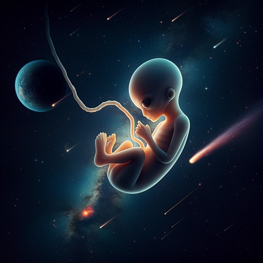 Alien Fetus in Starry Sky: Hyperrealistic Photograph