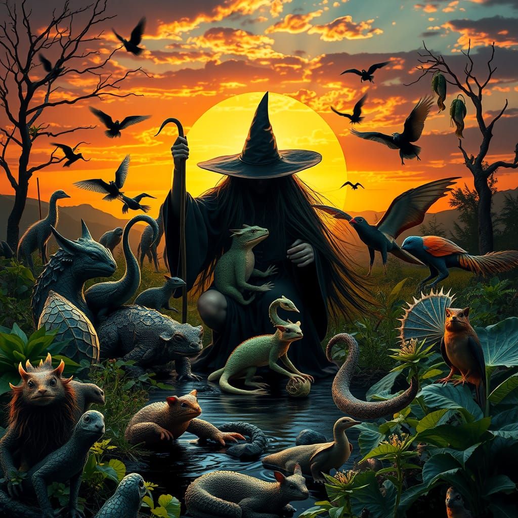 Mystical Creatures in a Sunset Collage