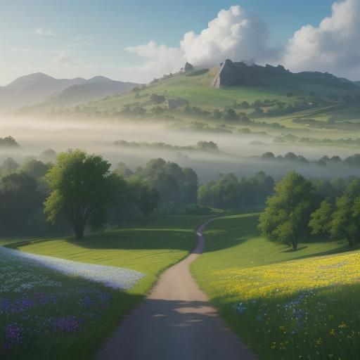 Idyllic Countryside Road with Wildflowers: Fantasy Landscape