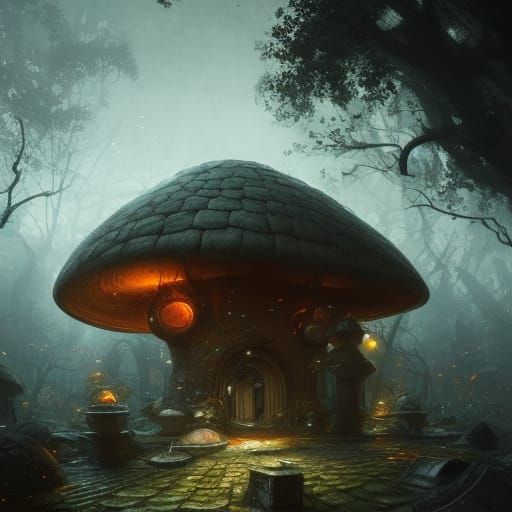 Mushroom House in Dark Fantasy Cityscape
