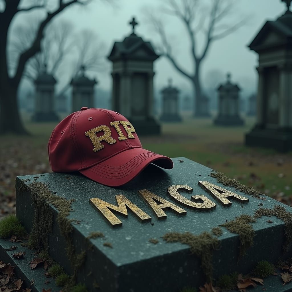 Dystopian Cemetery: RIP MAGA Tombstone in Dark Surrealism