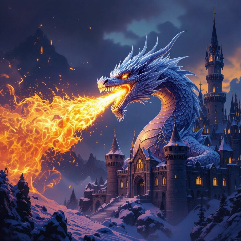 Ice Dragon Breathes Fire on Fantasy Castle