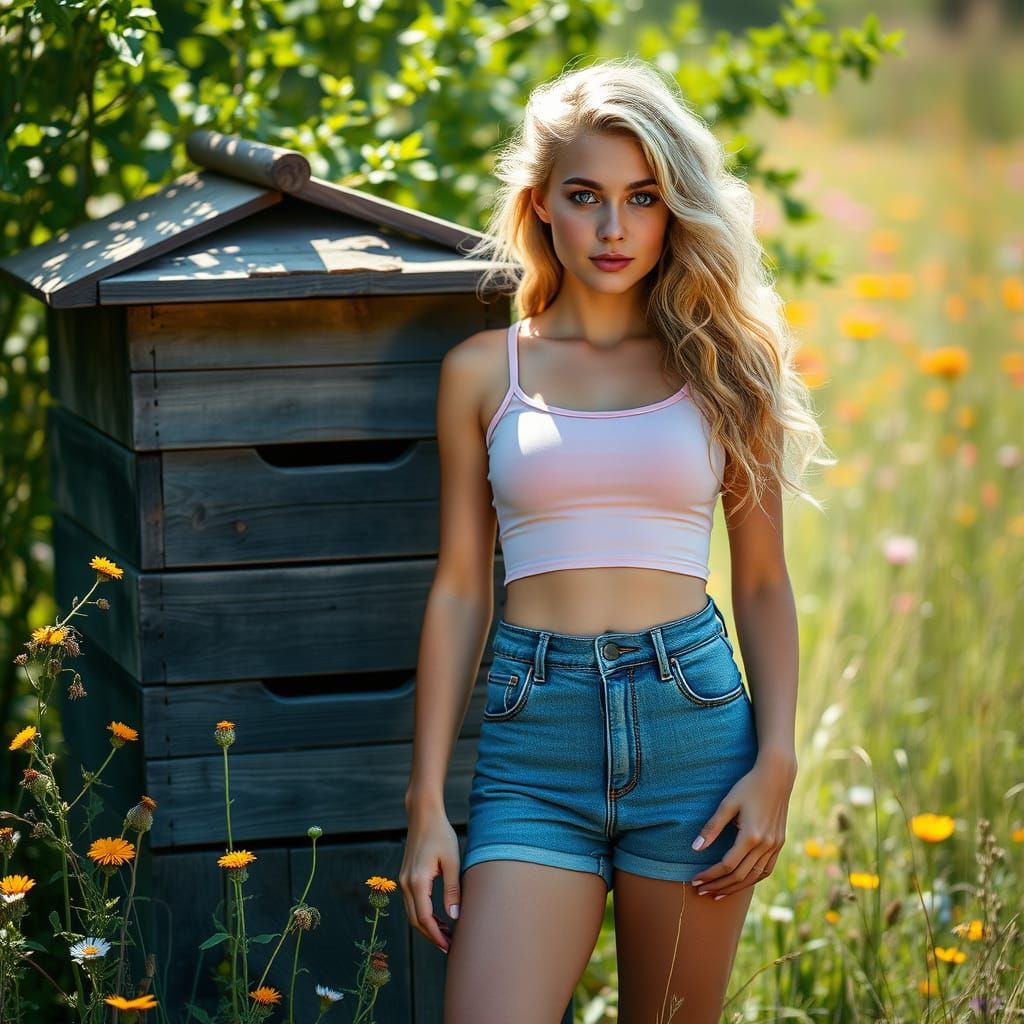Confident Woman Beside Rustic Bee Hive in Vibrant Field