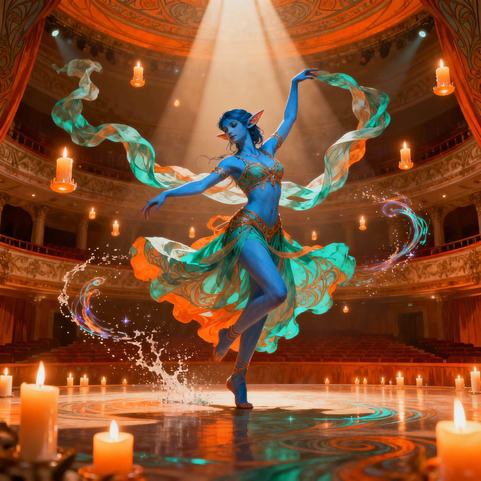 Blue Elf Dancer on Stage with Swirling Scarves and Candles