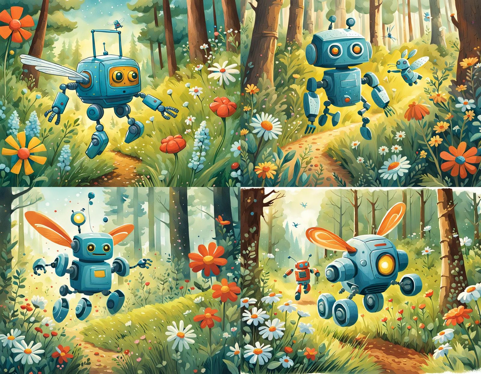 Robot and Rabbit Chase in Wildflower Forest