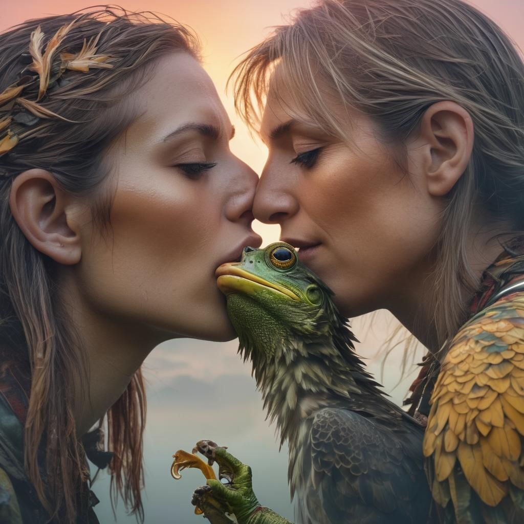 Eagle Woman Kissing Frog Man at Sunrise
