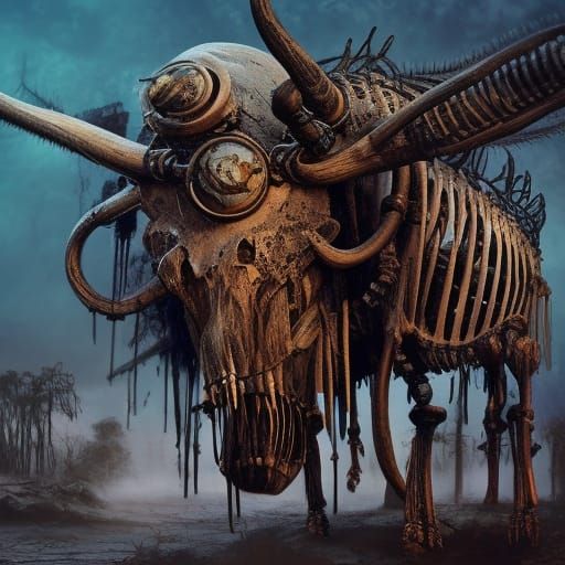 Buffalo Skeleton with Steampunk Gothic Carvings