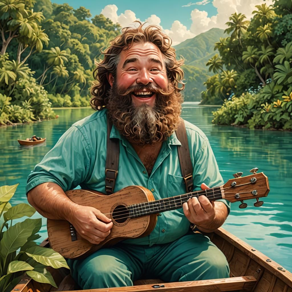 Jovial Man Playing Ukulele in Rowboat, Anime Watercolor Styl...