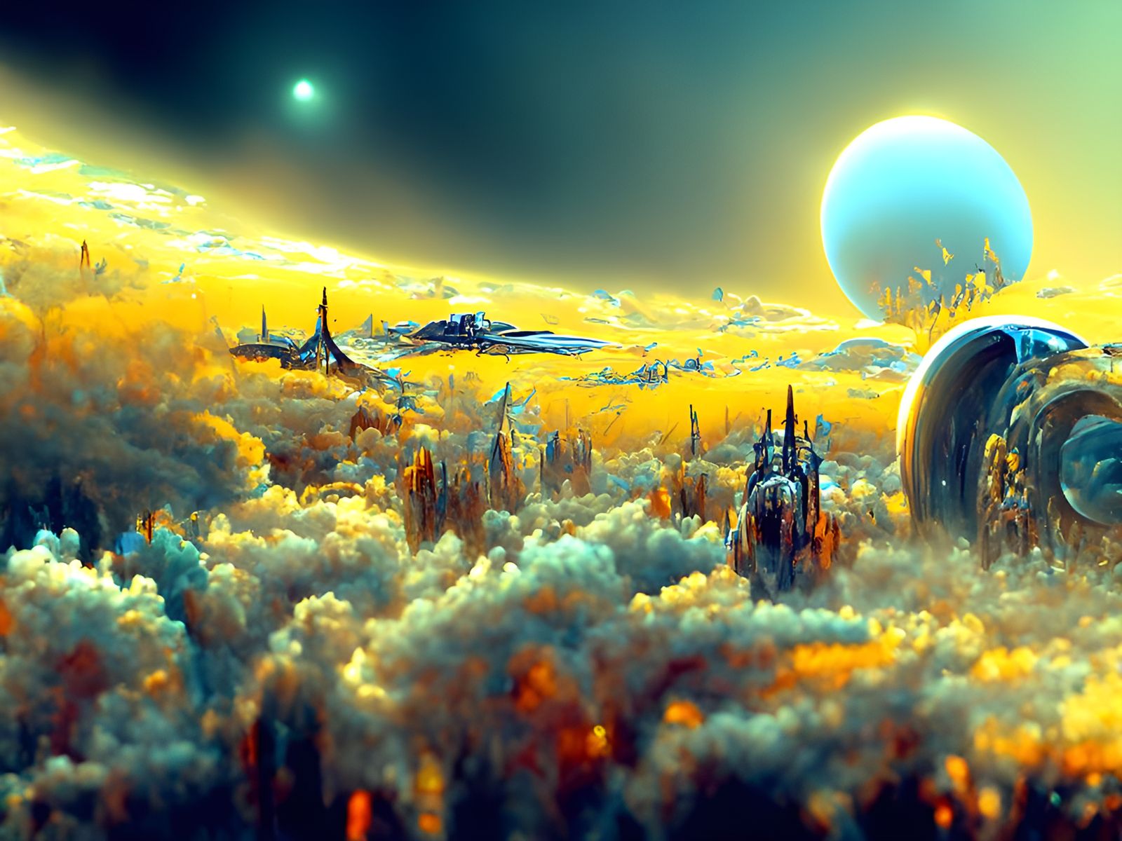 Galaxies and Alien Spacecraft in Bright Digital Art