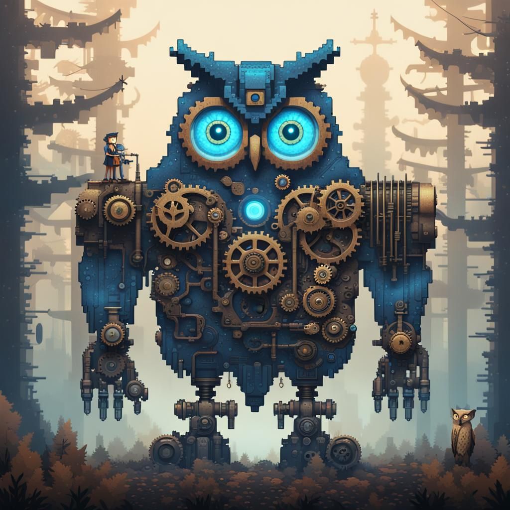 Steampunk Owlbear in Misty Industrial Forest: Pixel Art