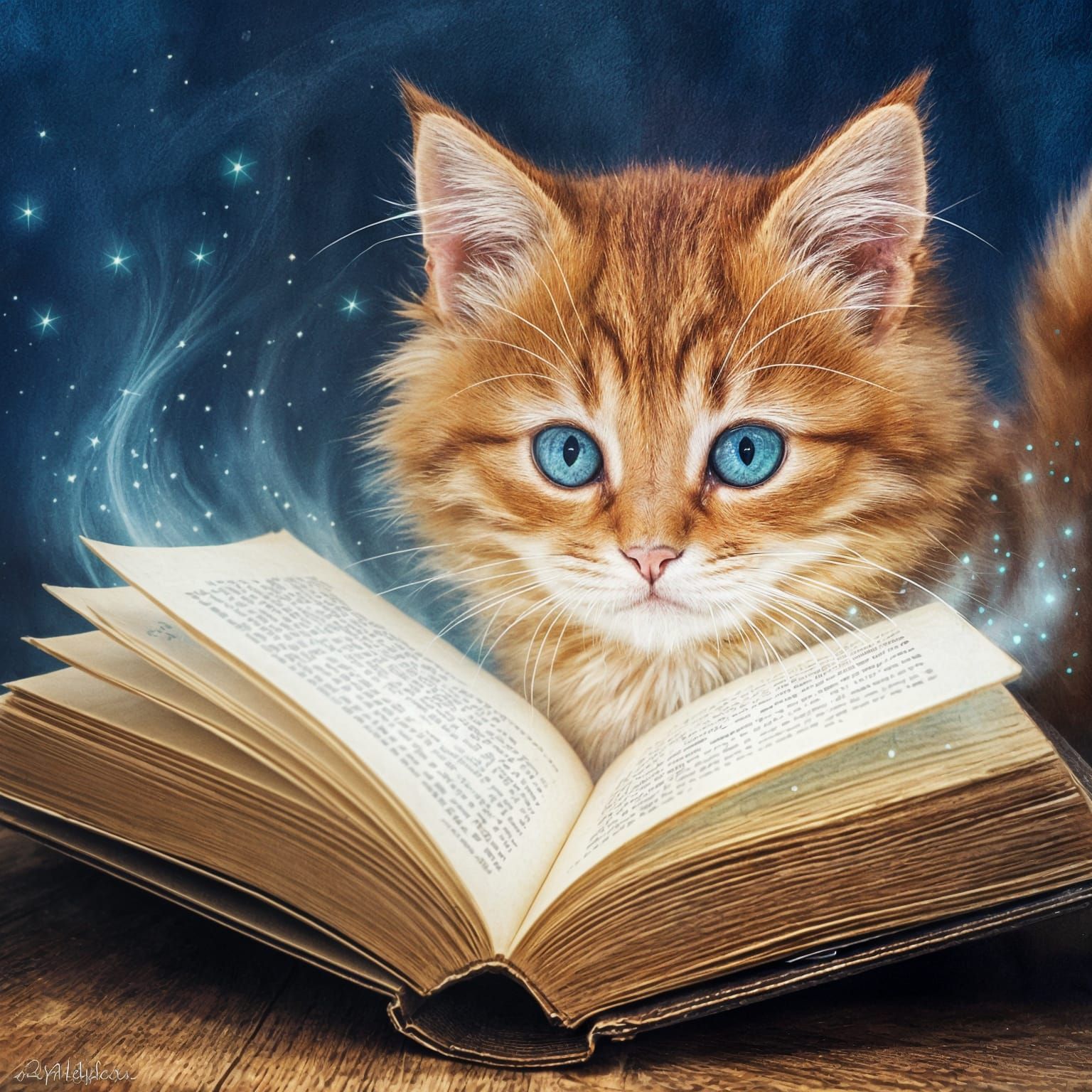 Kitten Gazes Intently at Magical Ethereal Book
