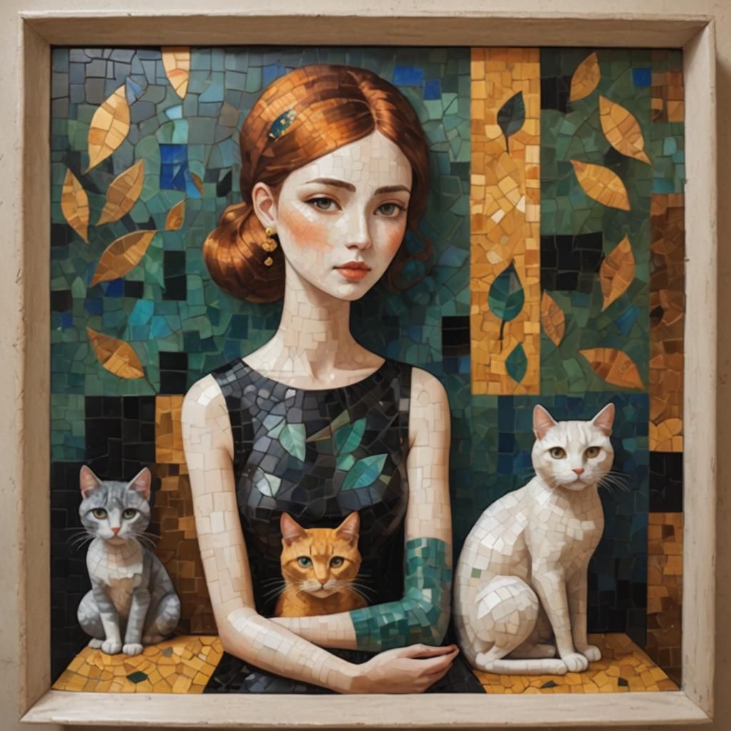Woman with Cats in Klimt-Inspired Mosaic