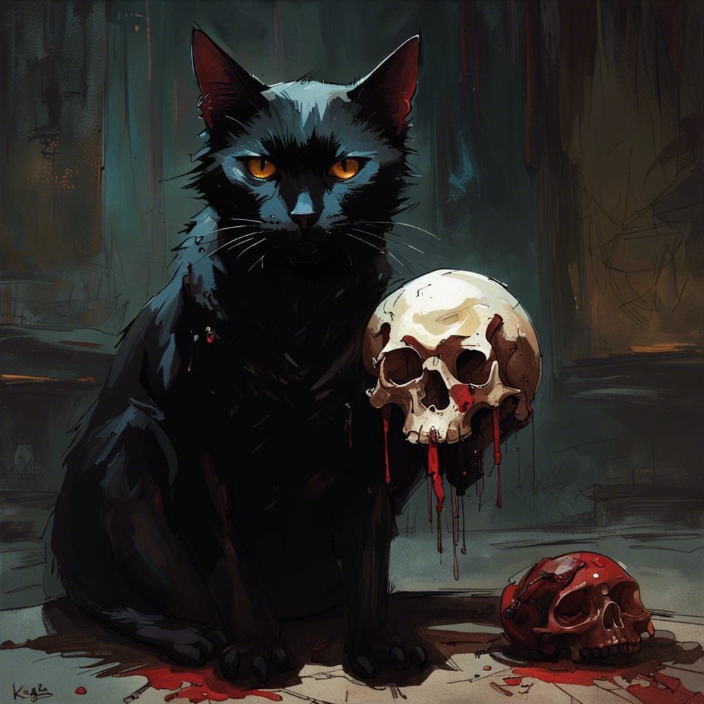 Black Cat Portrait with Skull, Fantasy Art