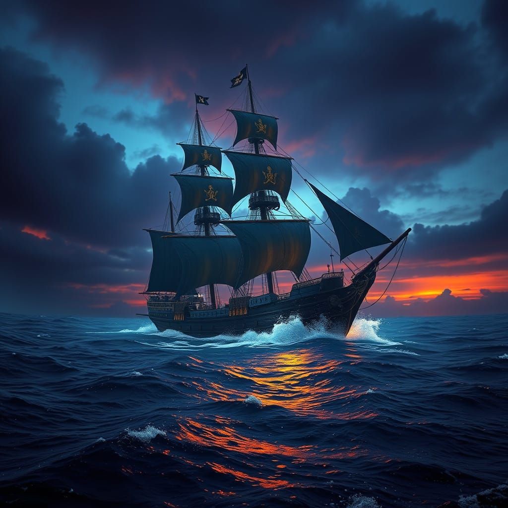 Majestic Black Pearl Pirate Ship Emerges from Ocean Depths i...