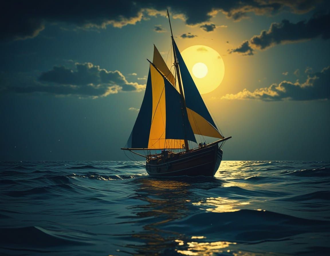 Cubist Boat on Night Sea in Picasso Style