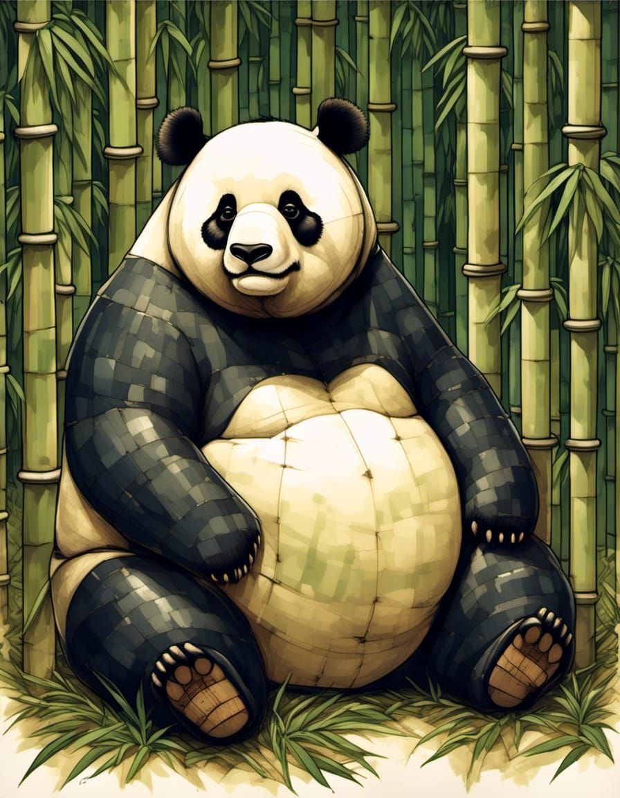 Sad Obese Panda Portrait in Bamboo Darkness