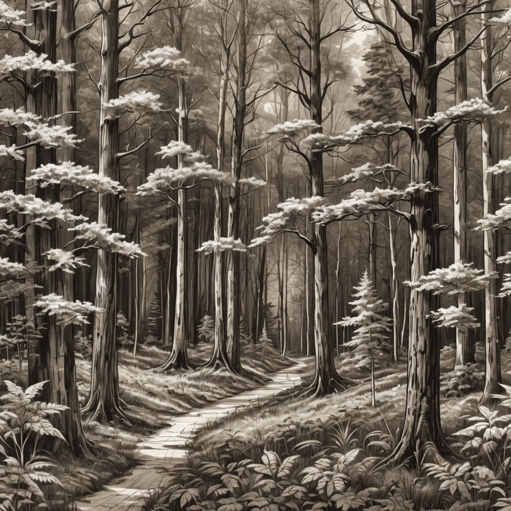 Detailed Forest Landscape Sketch on Parchment