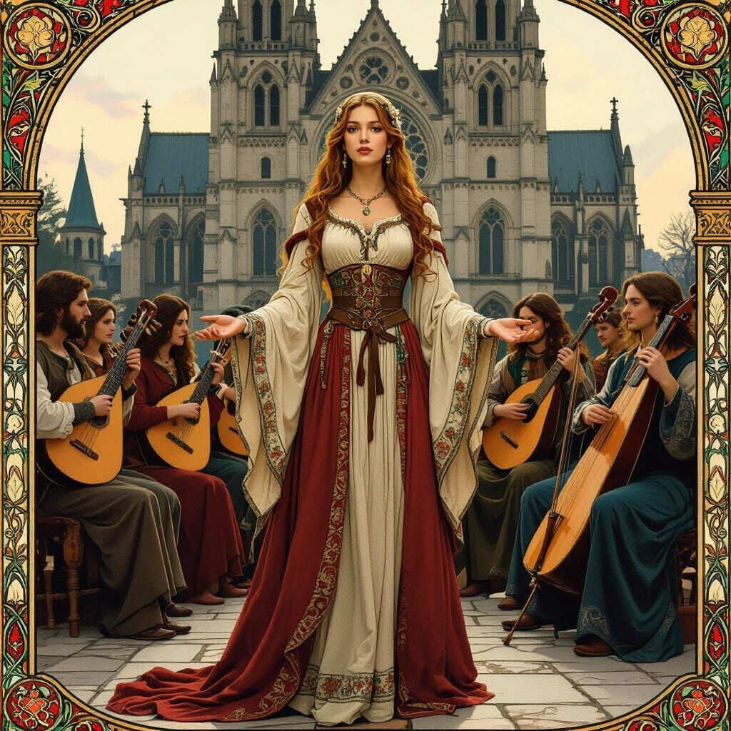 Medieval Musicians with Female Singer in Pre-Raphaelite Styl...