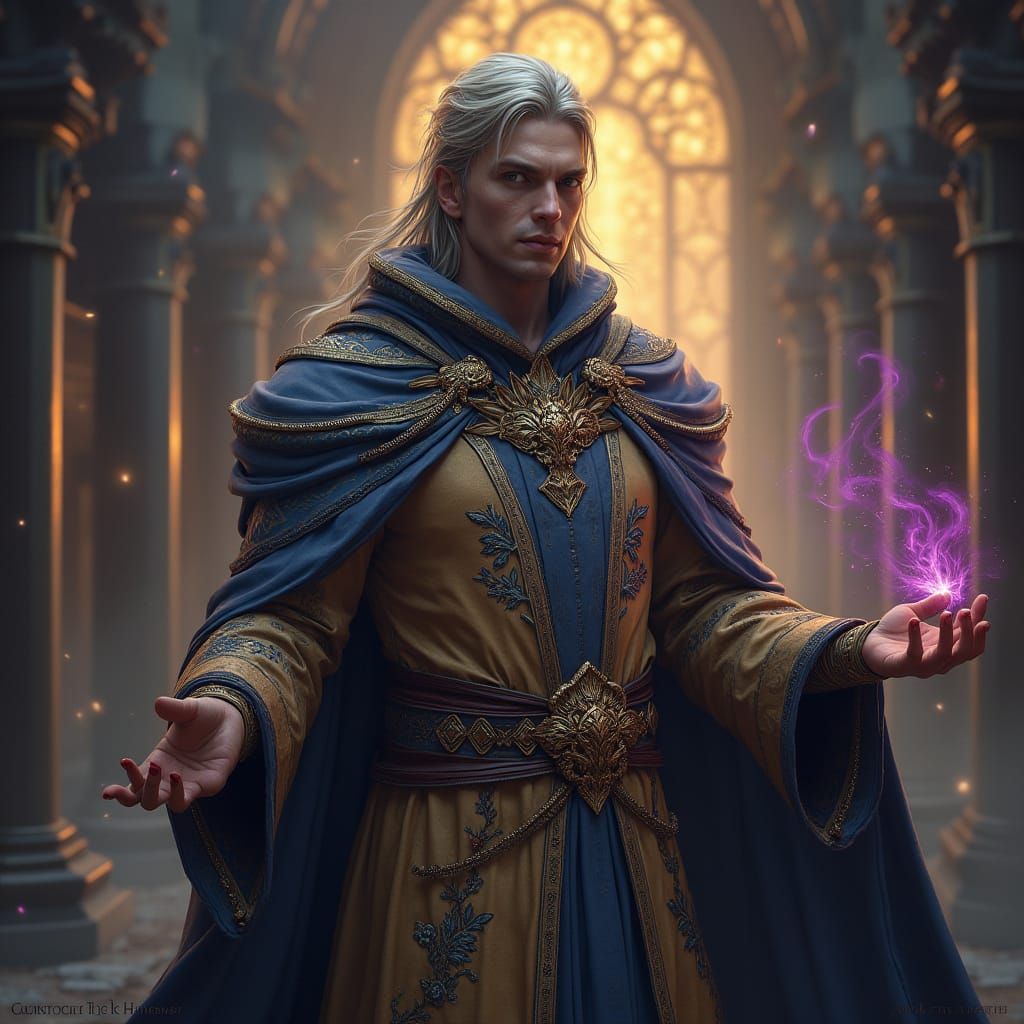 Elegant Altmer Necromancer in Tan and Blue Robes