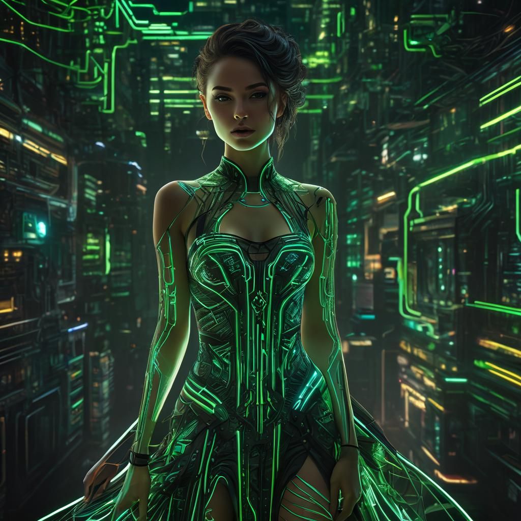 Cyberpunk Woman in Dress of Neon Green Lines