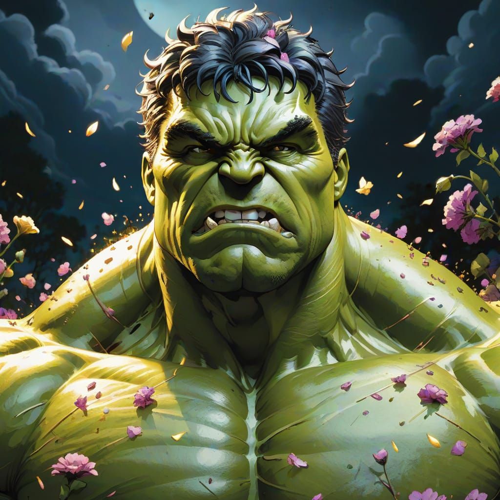 Hulk Among Glowing Flowers in Comic Book Art