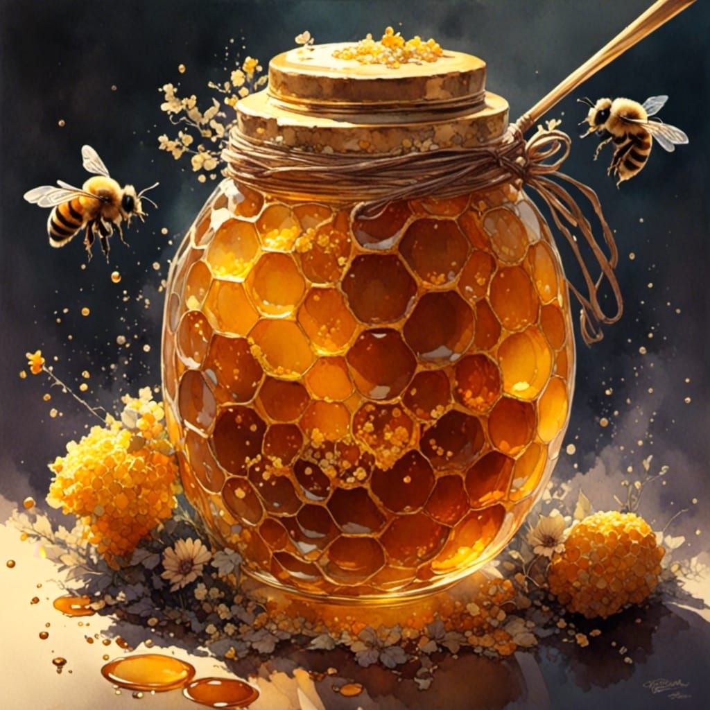 Glowing Honey Pot in Watercolor Style