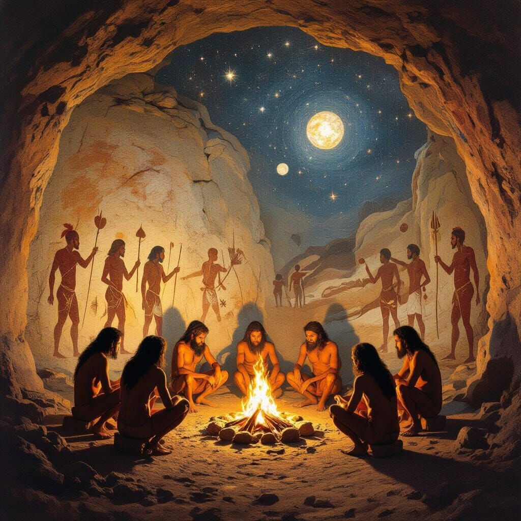 Prehistoric Humans Gather Around Fire at Dawn