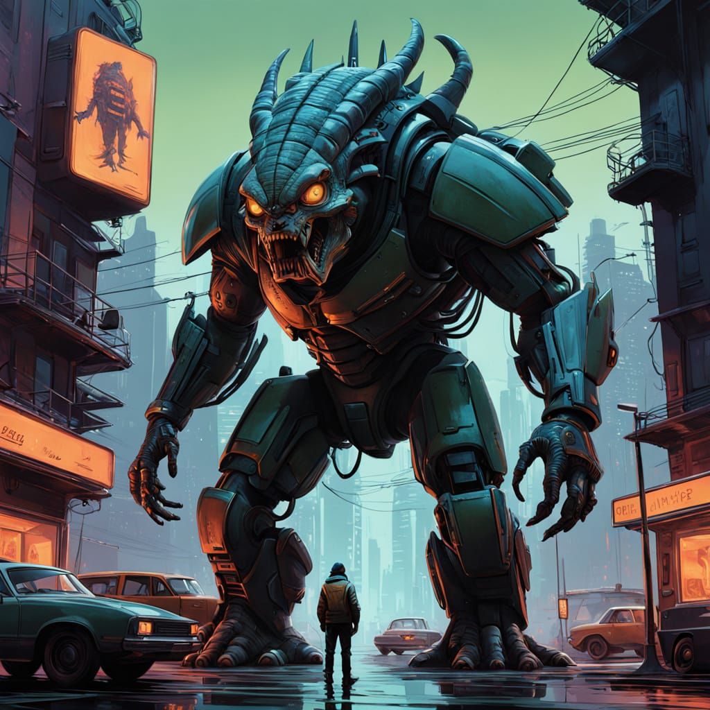 Hyper-Realistic Atomic Monster in Neon-Hued Sci-Fi Style