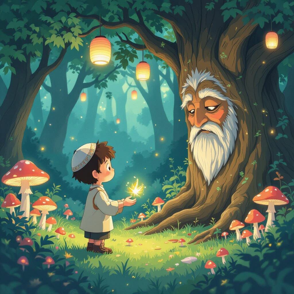 Boy and Tree Spirit in Ghibli Style Lantern Grove