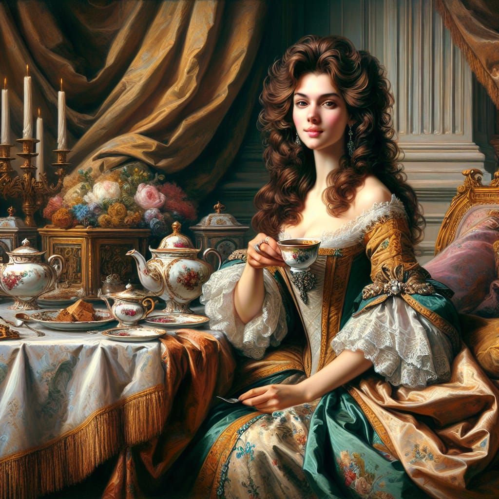 Elegant Queen Enjoying Tea: Old Masters Oil Painting