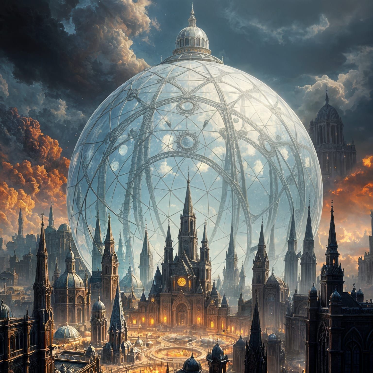Glass Force Field Dome in Oil Painting Style with Metallic G...