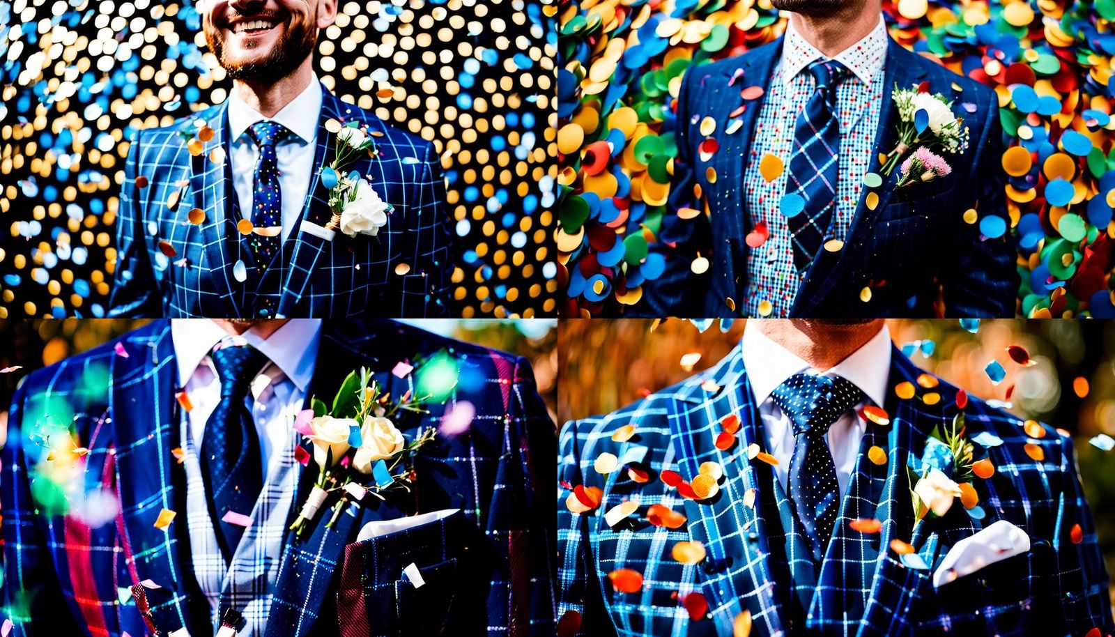 Groom in Plaid Suit at Wedding with Confetti