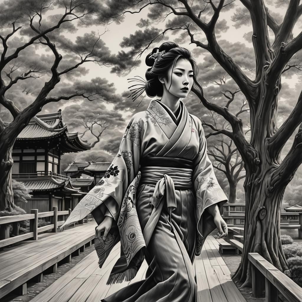 Greyscale Geisha in Charcoal Drawing