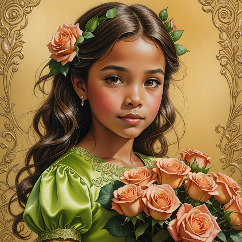 Girl with Roses in Colored Pencil Style