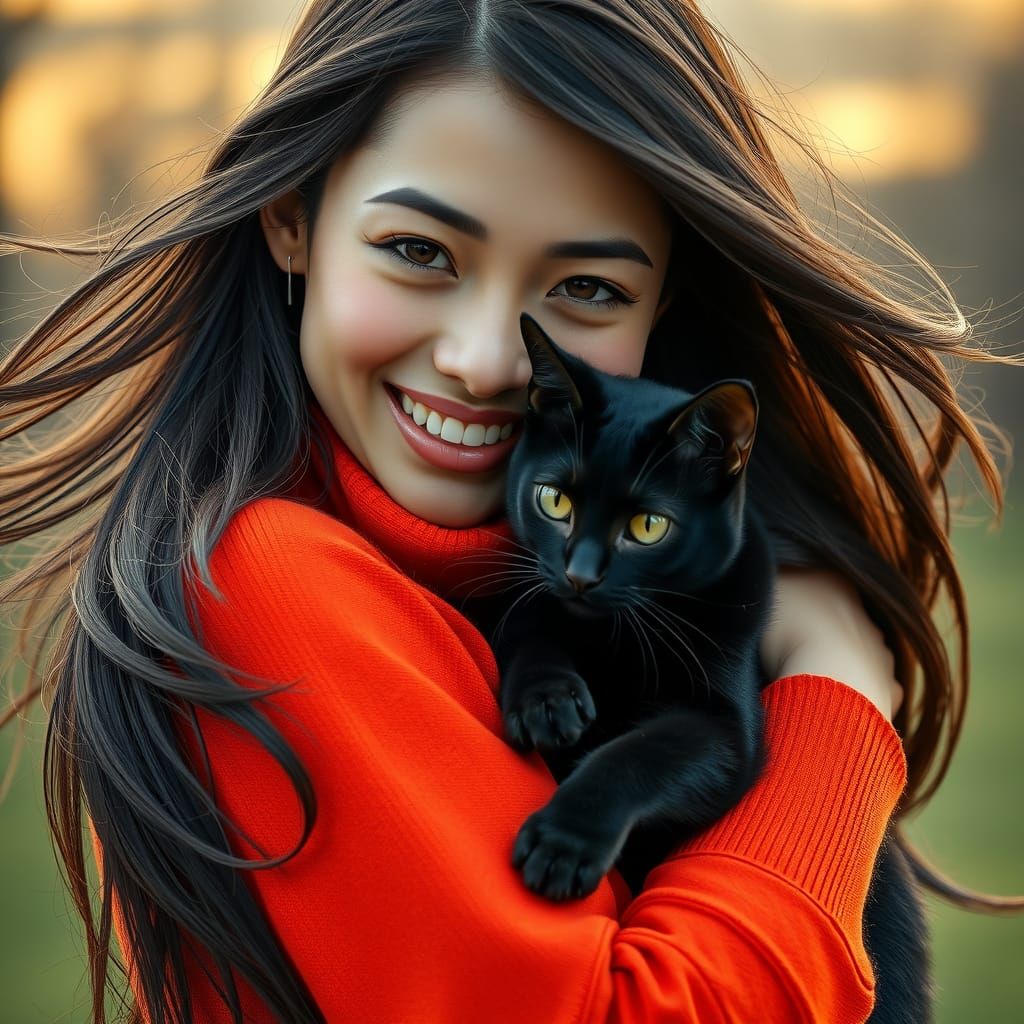 Brunette and Black Cat Portrait in Art Nouveau Style