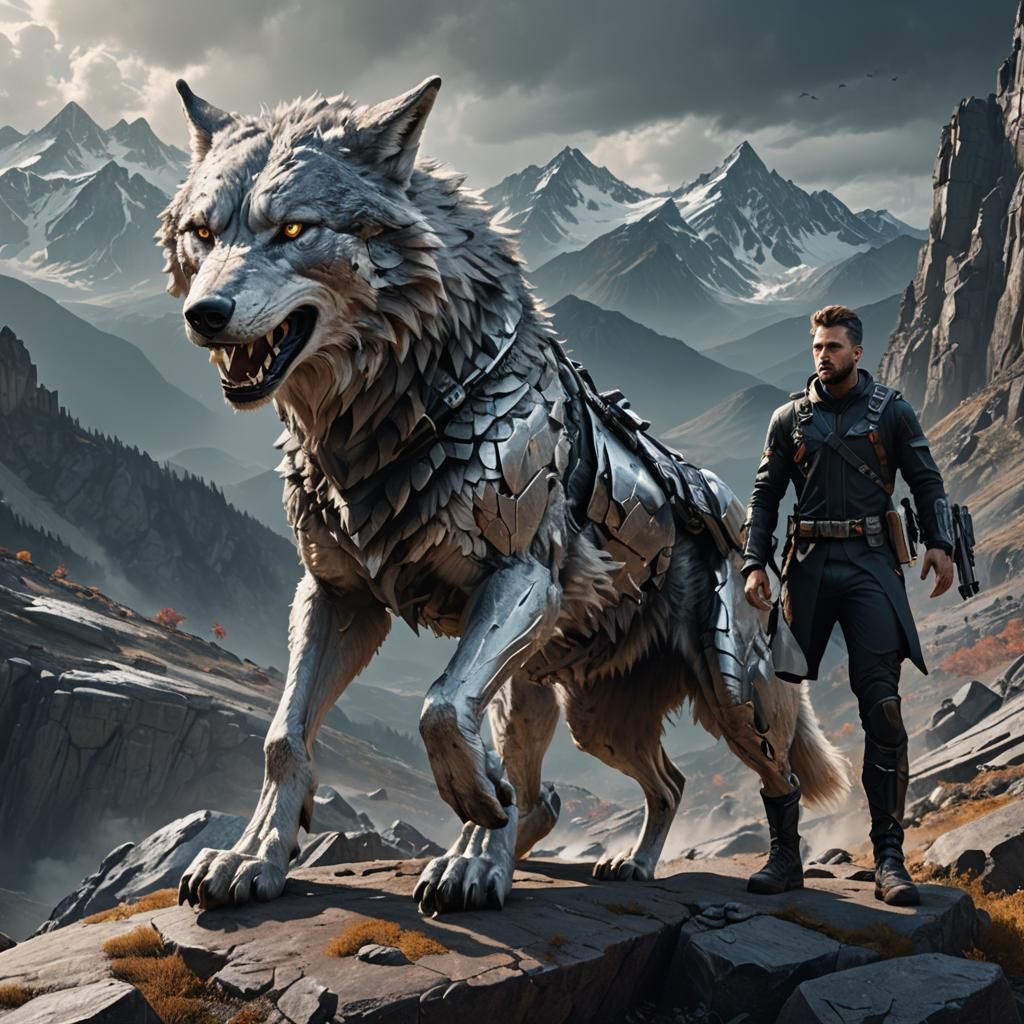 Fierce Gray Wolf and Man in Futuristic Pose