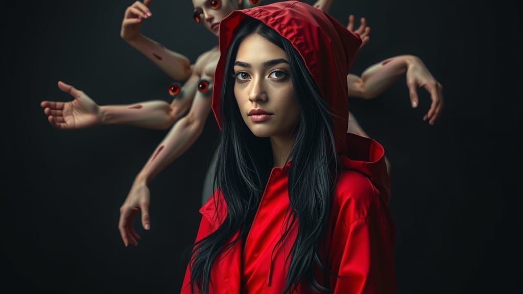 Woman in Red Raincoat Confronts Abstract Form