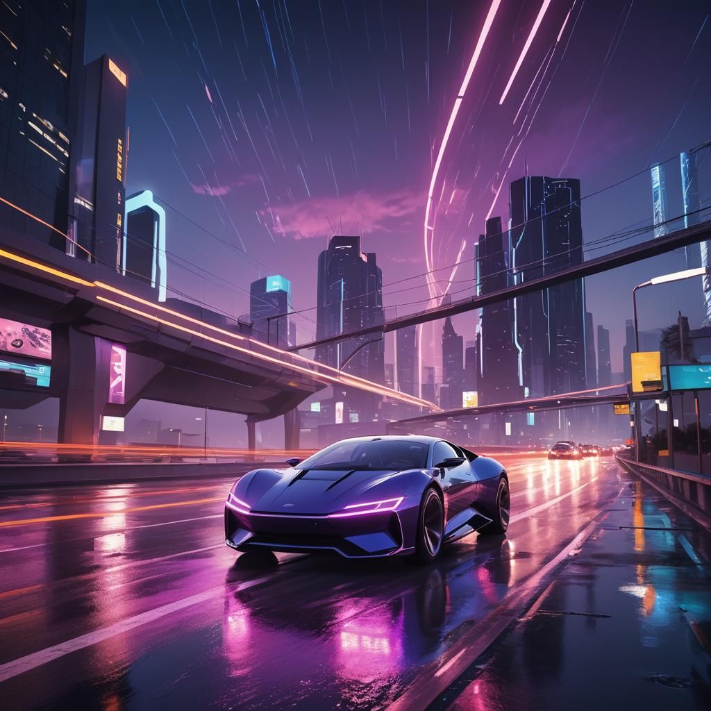 Electric Car Speeds Down Neon Highway in Syd Mead Style