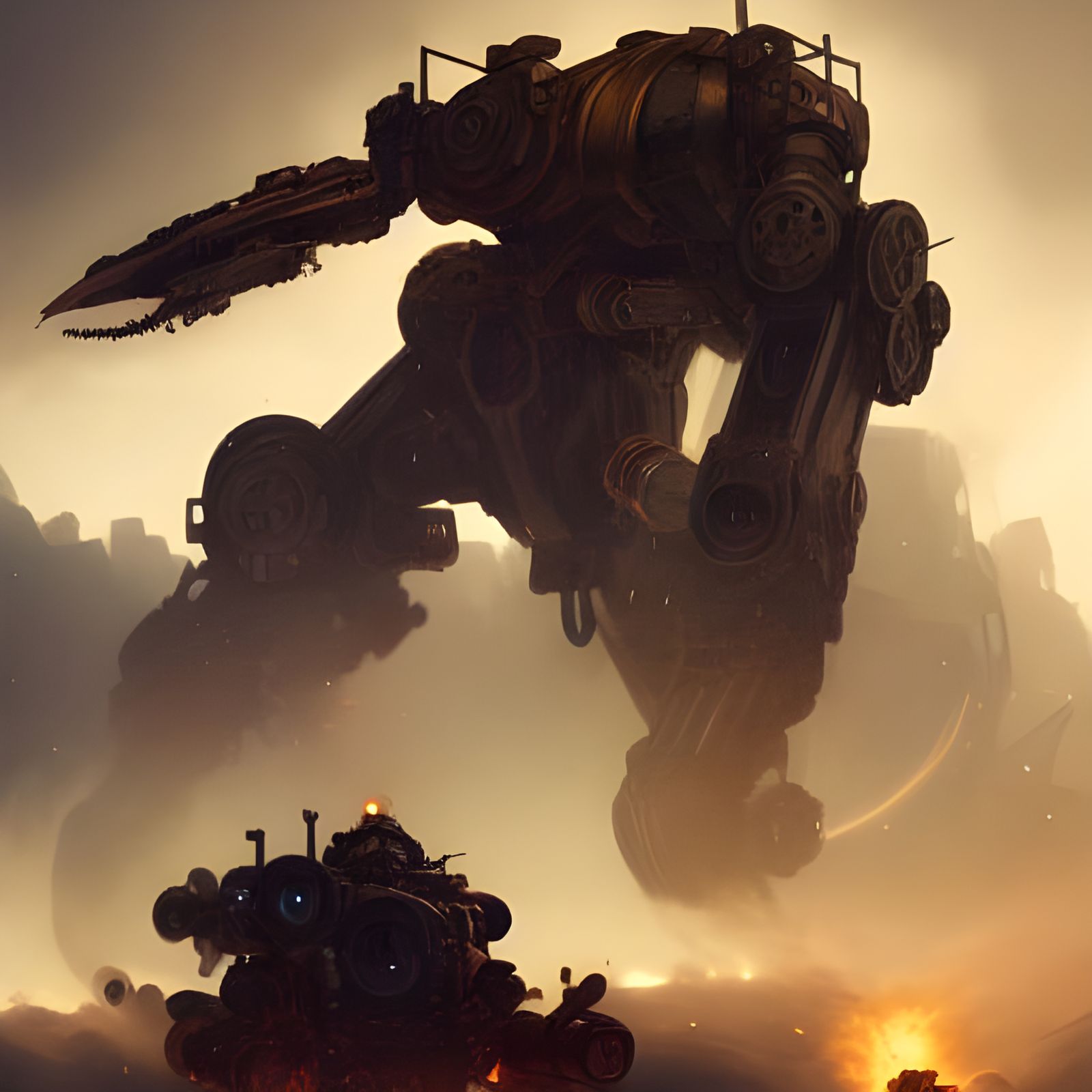 Steampunk Mechs Battle in Dark Fantasy Style