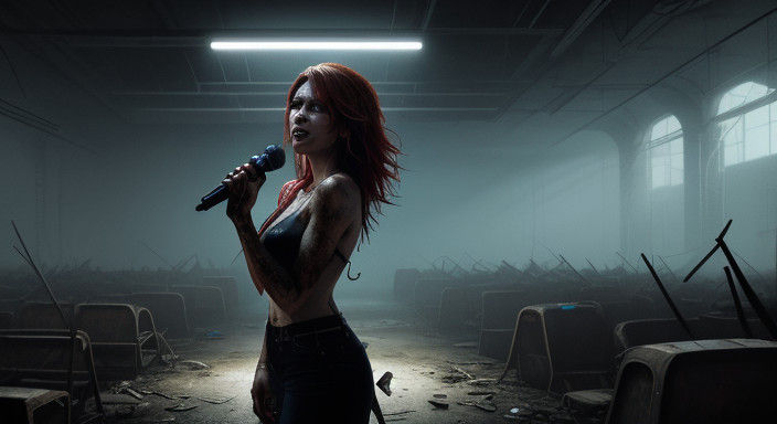 Gritty Post-Apocalyptic Rock Star in Neon-Lit Warehouse