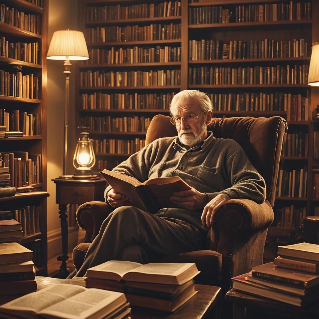 Cozy Old Man Reading in Golden Light