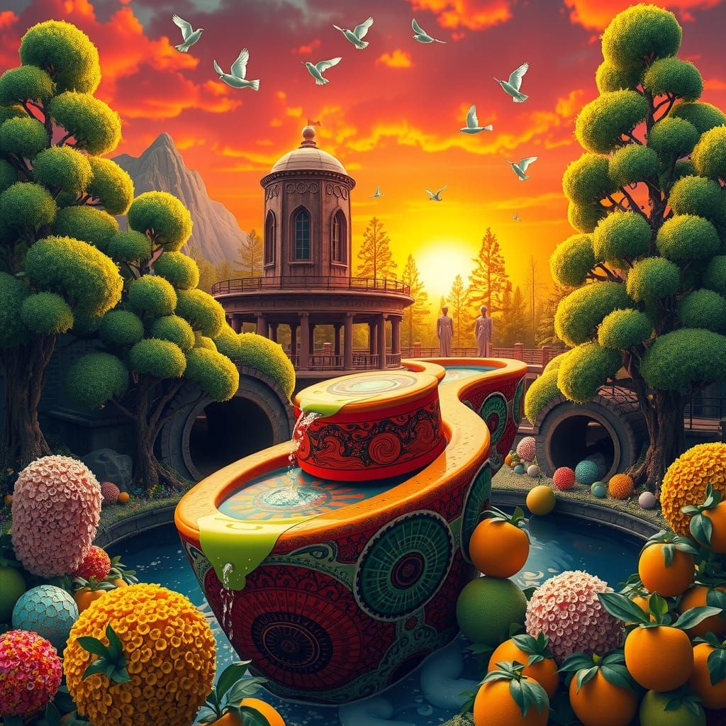 Surreal Iron Forest with Dali Fountain, Hyperrealistic Style