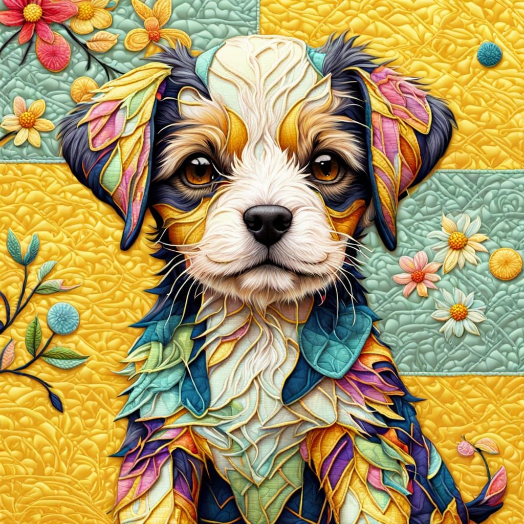 Playful Patchwork Puppy in Vibrant Digital Art