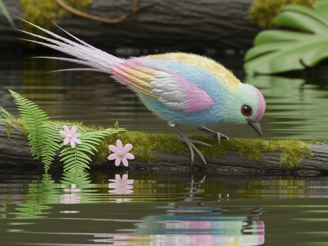 Exotic Bird Art with Pastel, Silver, and Gold Feathers