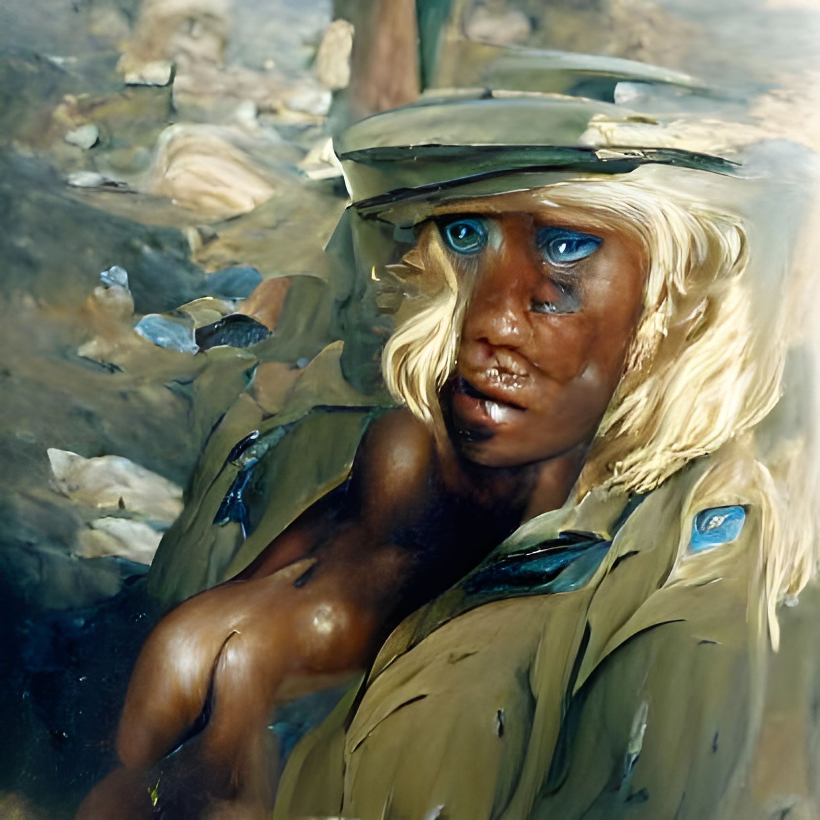 A black Half naked woman with a blonde hair and a blue eyes standing in the mixed of war