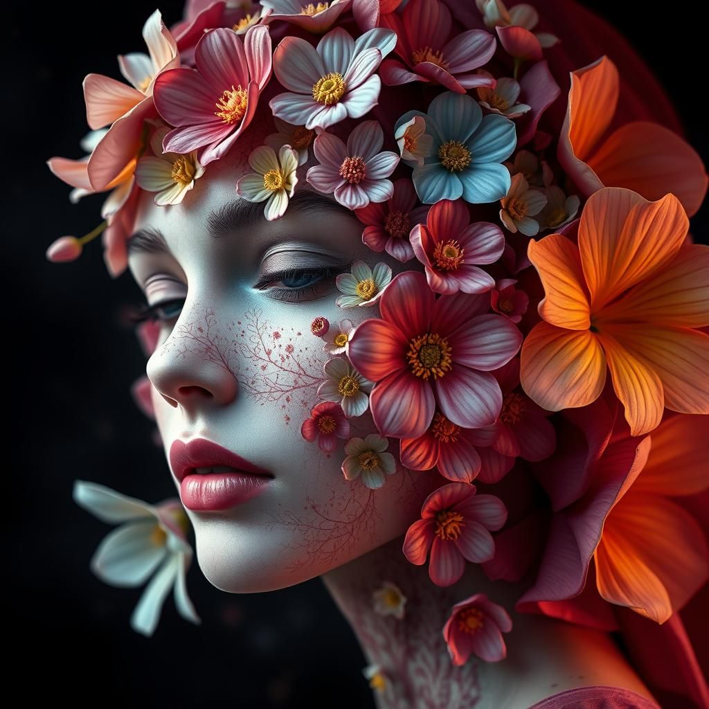 Floral Face: Detailed Fantasy Art in Deep Color