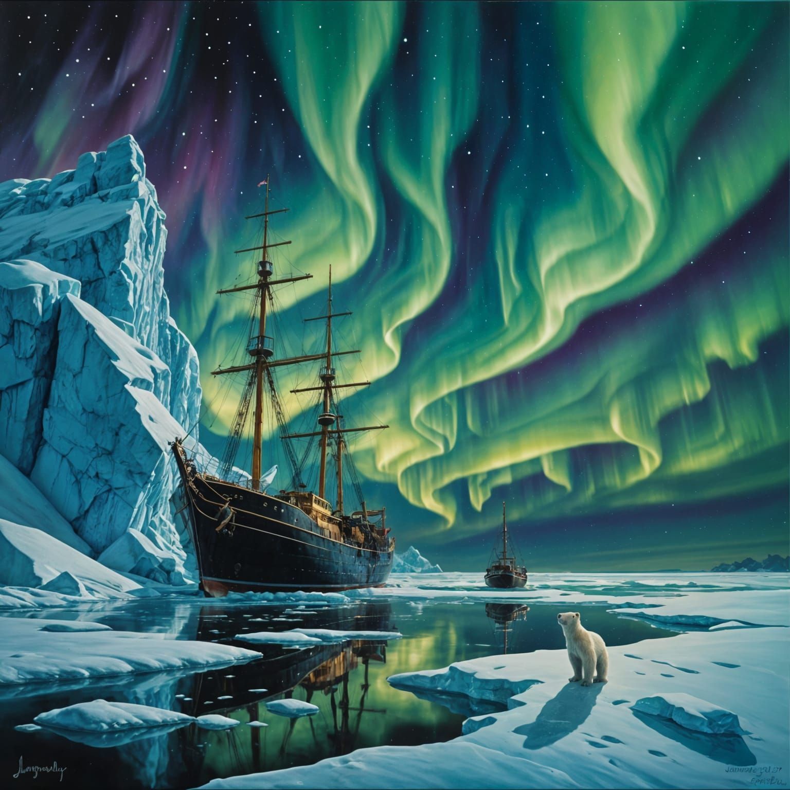 Mysterious Northern Lights Over Frozen Ship and Polar Bear