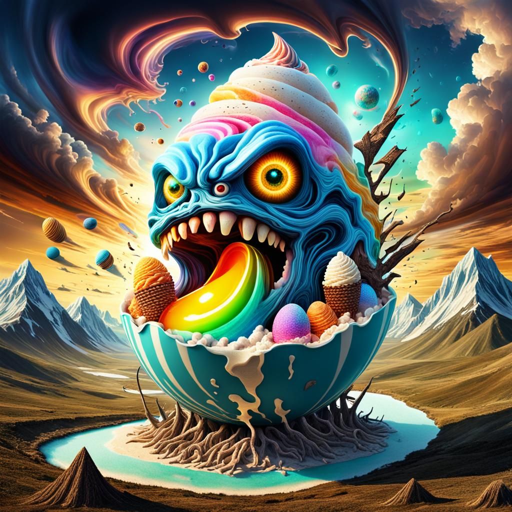 Surreal Monster Hatching in Luminous Fractalia Landscape